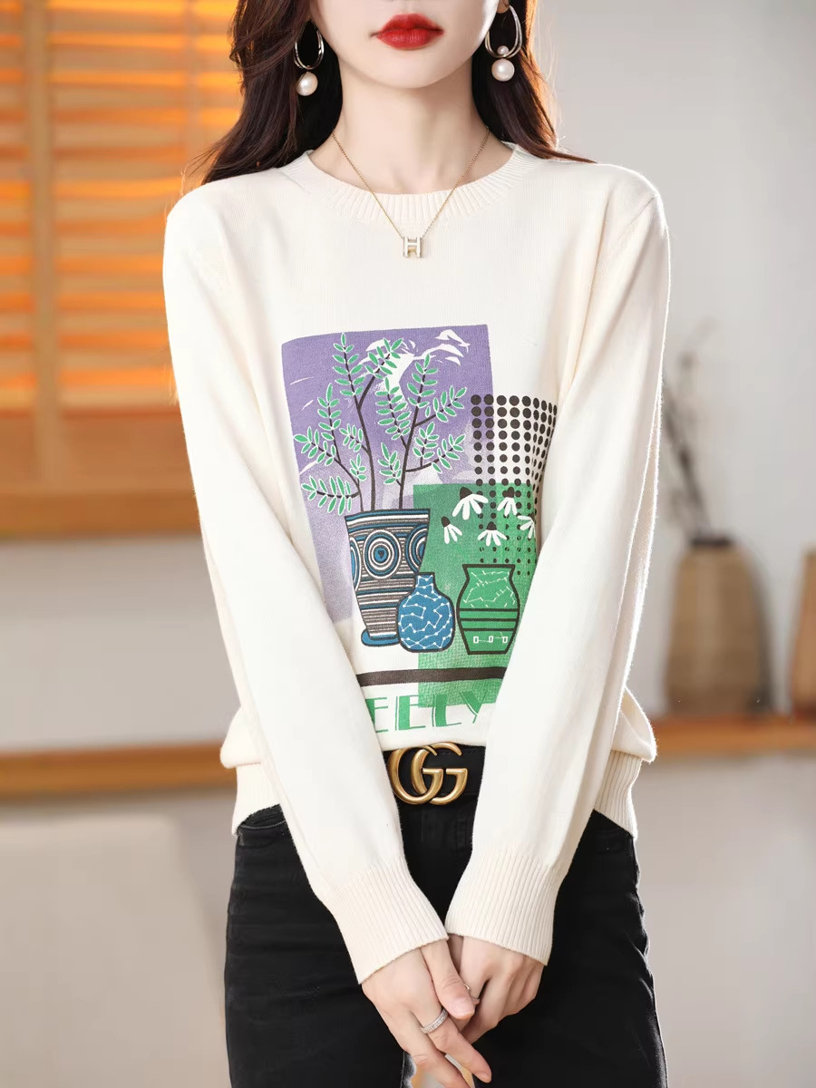 Vintage Floral Pure Cotton Printed Long-Sleeve T-Shirt, Fresh and Artistic Versatile Top, Spring and Autumn Women's Elegant Blouse Wholesale