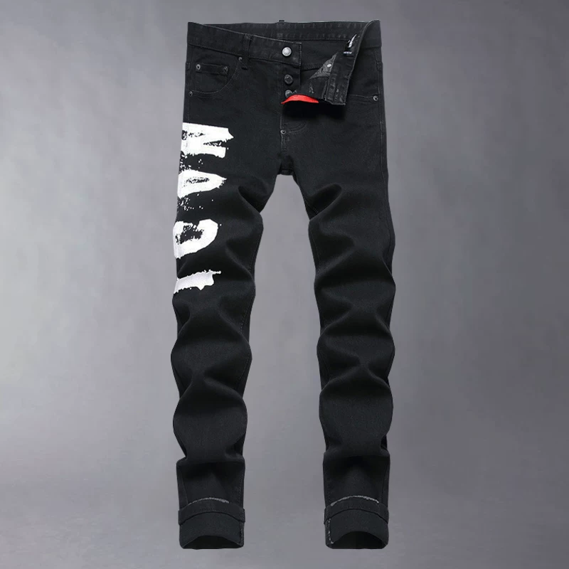 European and American fashion brand Spring and Autumn new letter printed slim fit small leg jeans for men, high-end button elastic tight pants