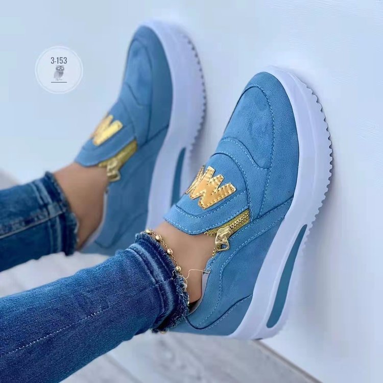 2024 new plus size foreign trade cross-border plus size sports shoes muffin flat bottom side zipper solid color leisure sneaker