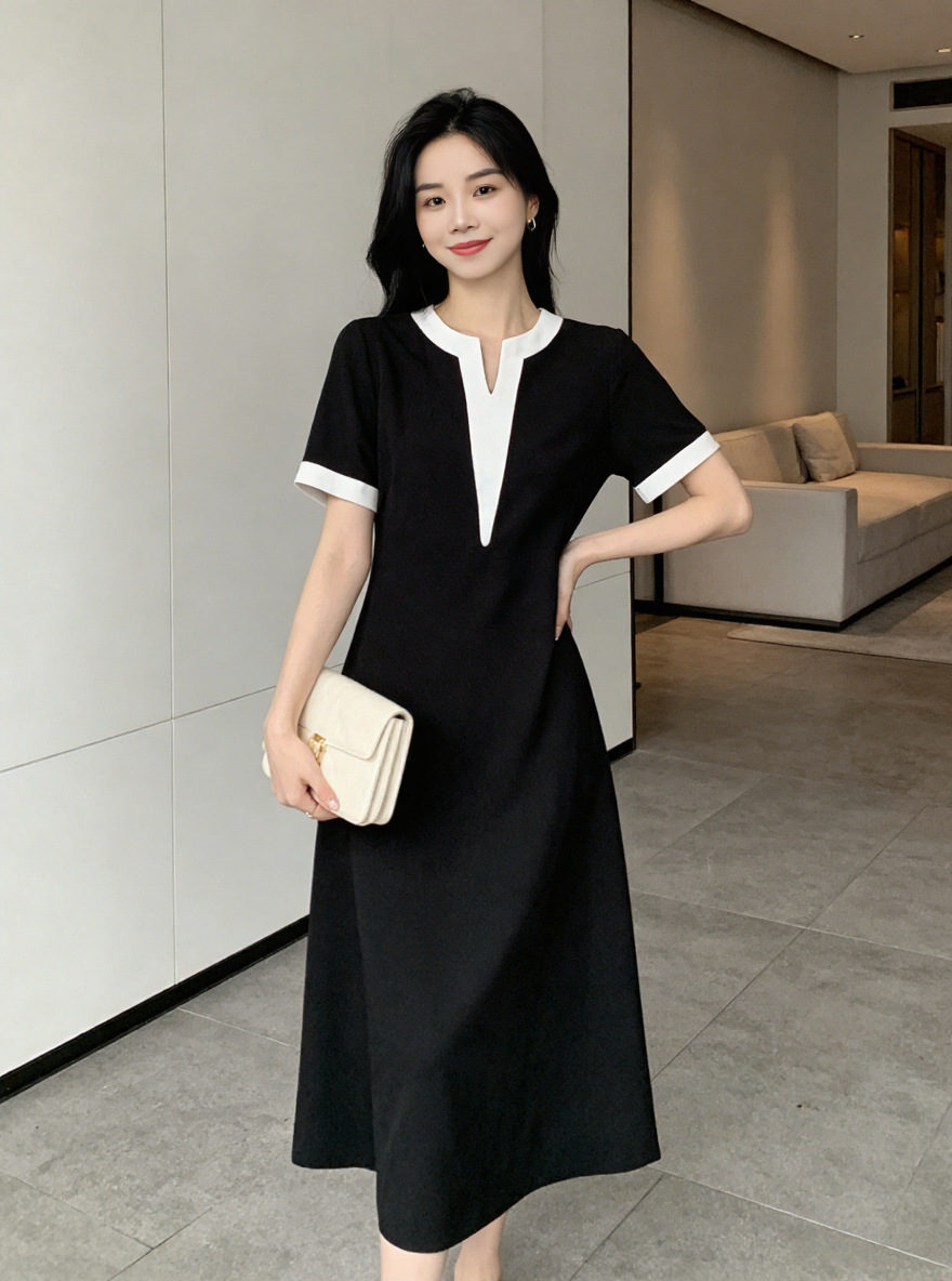 Simple and High-End Black Dress for Women, New Summer Style, V-Neck Short-Sleeved Design, Elegant and Slimming Mid-Length Dress