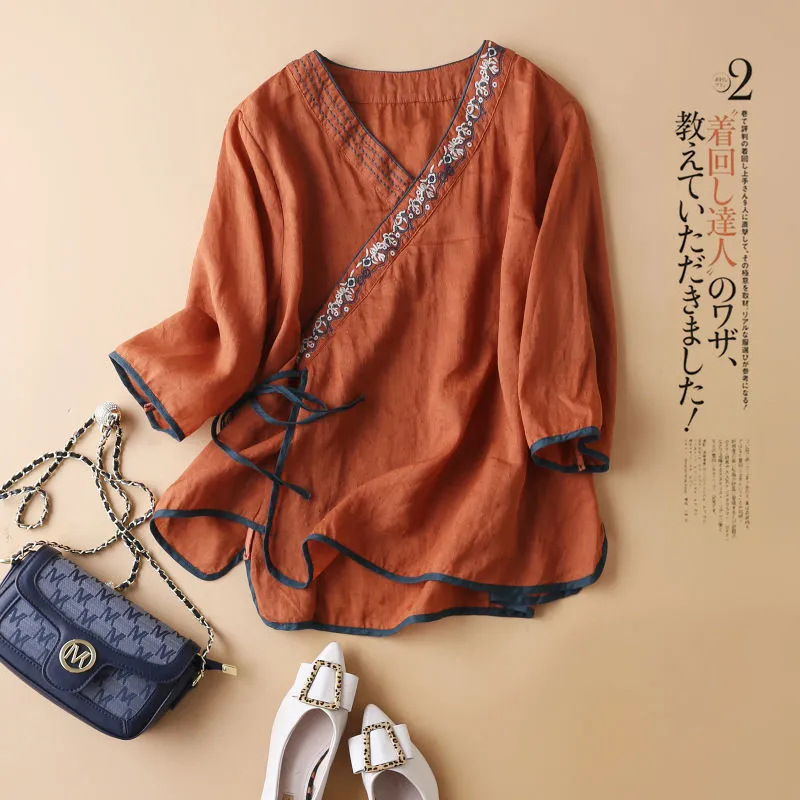 Cotton and Linen Short-Sleeved Women's 2026 Summer New Style Artistic Chinese Style Top V-Neck Embroidered Half-Sleeve Pullover T-Shirt