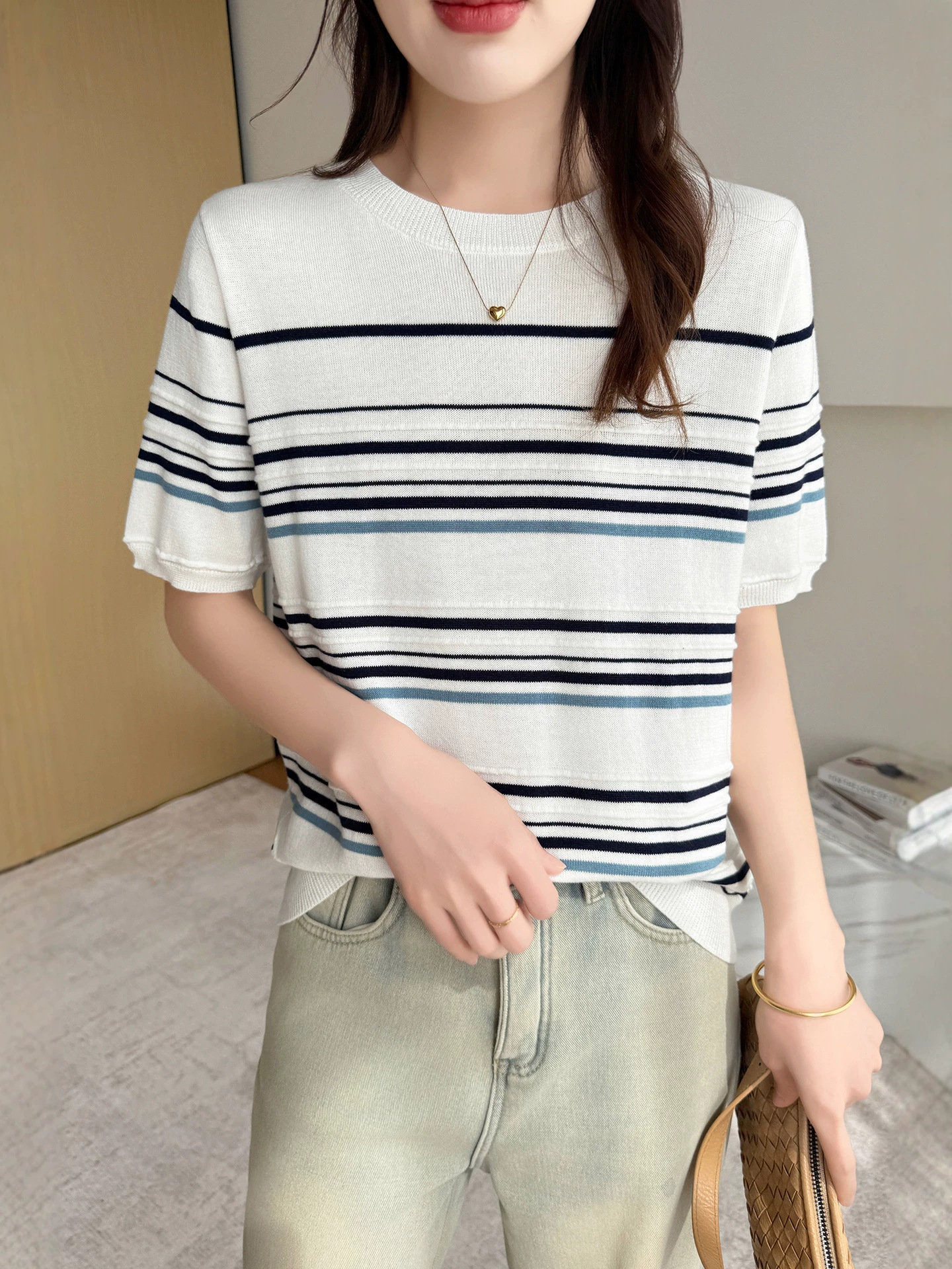 French Retro Stripesd 100% Pure Cotton Knitwear Women's Short-Sleeved Thin Round Neck Slimming Look Versatile Breathable T-Shirt Top