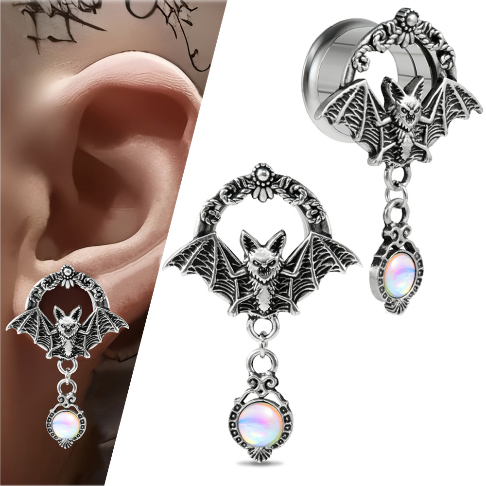 Cross-border Stainless Steel Bat Double Horn Auricle Flash Membrane Pendant Earrings Puncture Inner Teeth Ear Expanding Jewelry