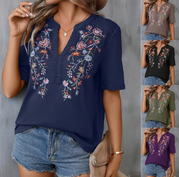 2026 European and American Amazon Cross-Border Summer New Fashion Multi-Thread Embroidery Patchwork Lace Top Women's T-Shirt