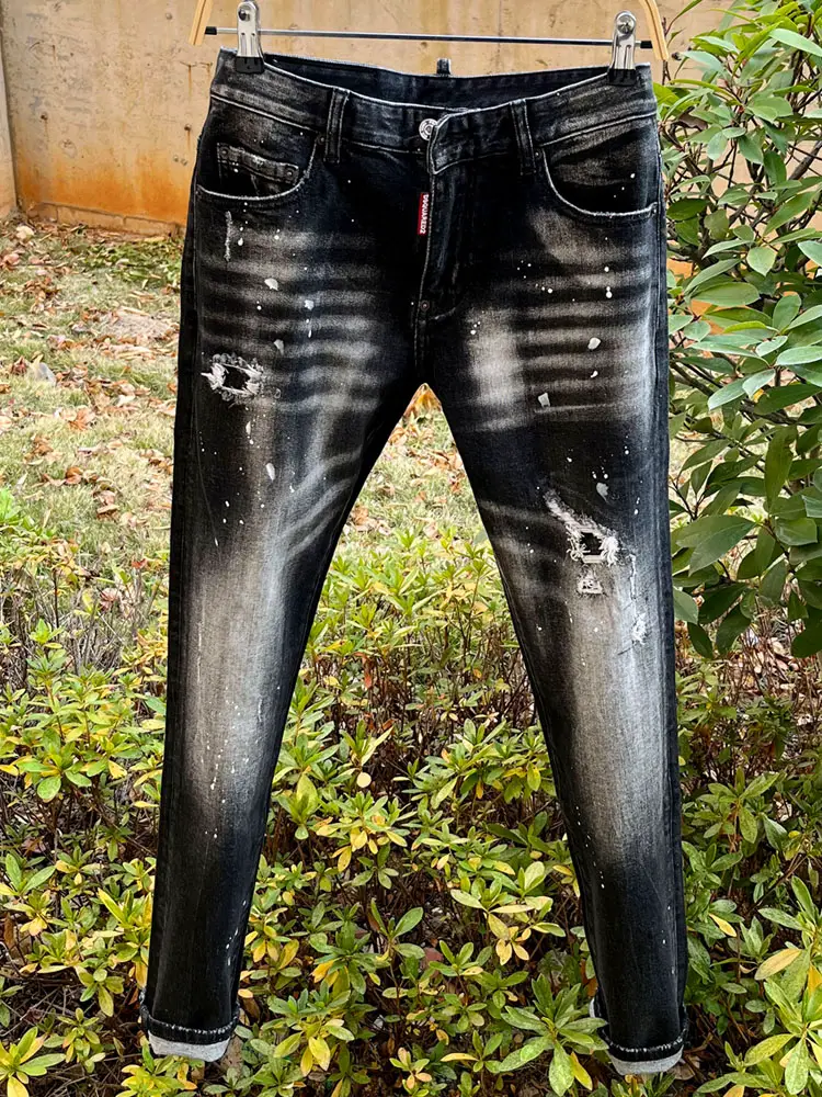 [Real Shot] New 25 Spring New All Year Round Denim Male D2 Stretch Silm Dsq2 Black Washed Splash Ink Designer