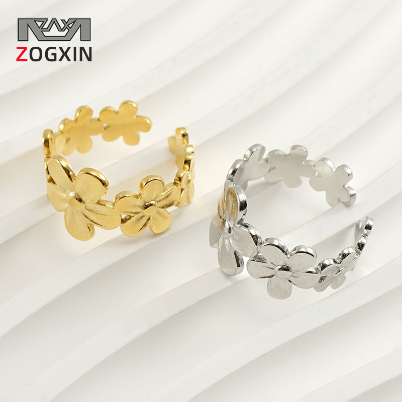 Cross-border Stainless Steel European and American Fashion Personality Fresh Style Flower Ring Titanium Steel 18k Gold Steel Color Live Ring