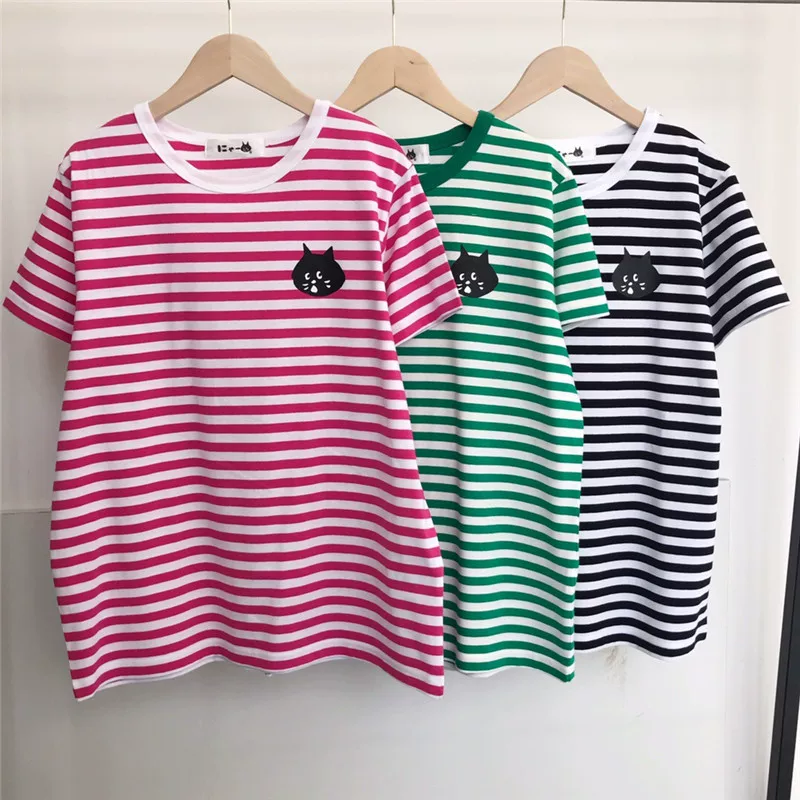 Parent child style! Japanese Surprise Cat 25 Summer New Striped Round Neck Cute Cat Short Sleeve T-shirt for Women