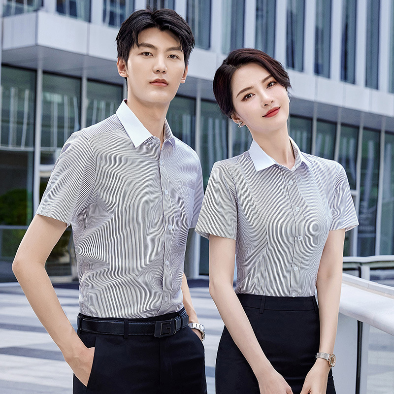 Blue Striped Shirt Women's Summer Short-sleeved Professional Dress Bank Work Clothes Suit Shirt Embroidered logo