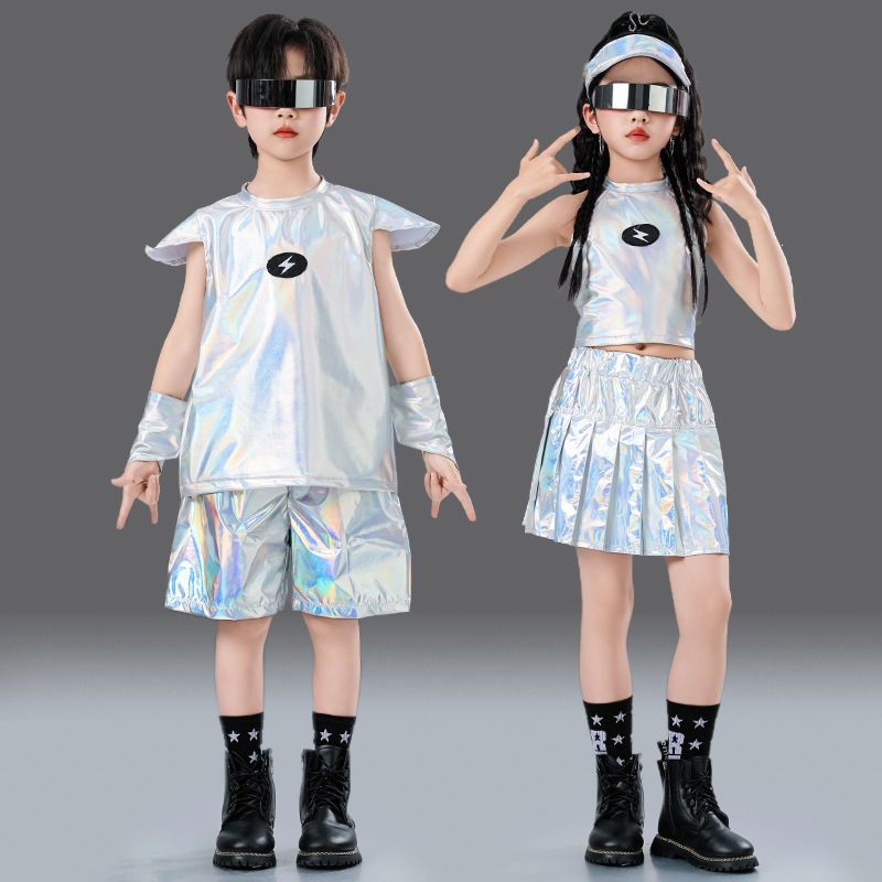 Children's Stage Performance Sequin Costumes with a Futuristic Ai Tech Feel, Silver Color, for Boys and Girls, Suitable for Sports Events and Cheerleading