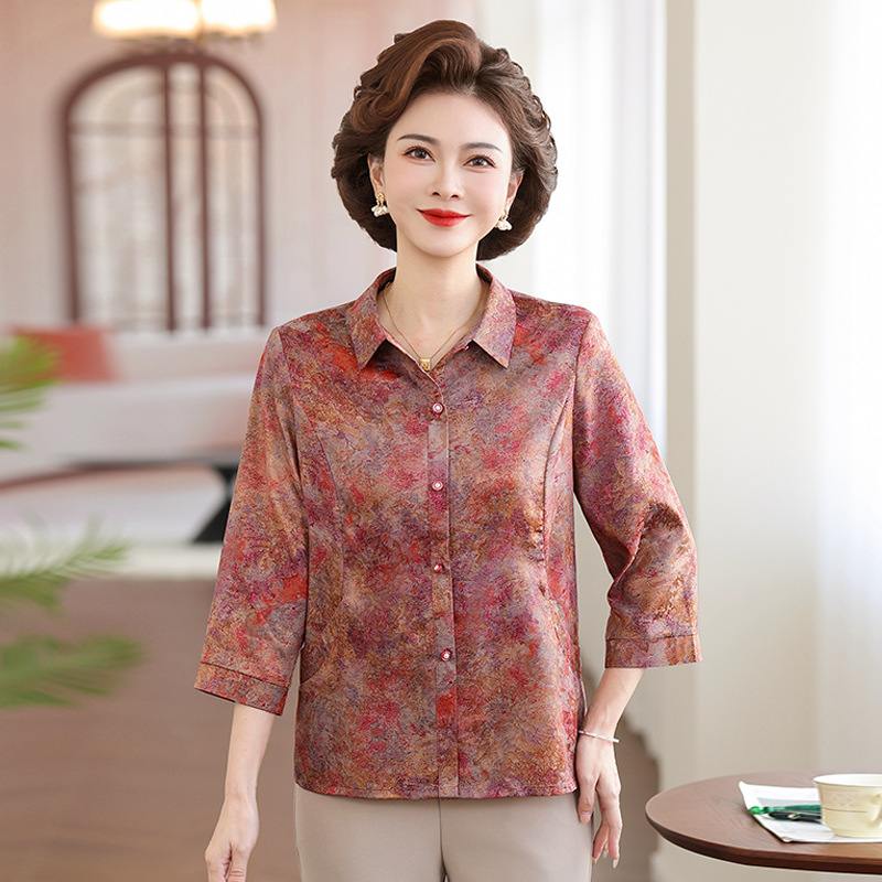 2026 Spring/Summer Silk-Like Three-Quarter Sleeve Shirt for Middle-Aged and Elderly Women, Belly-Covering Blouse for Grandma