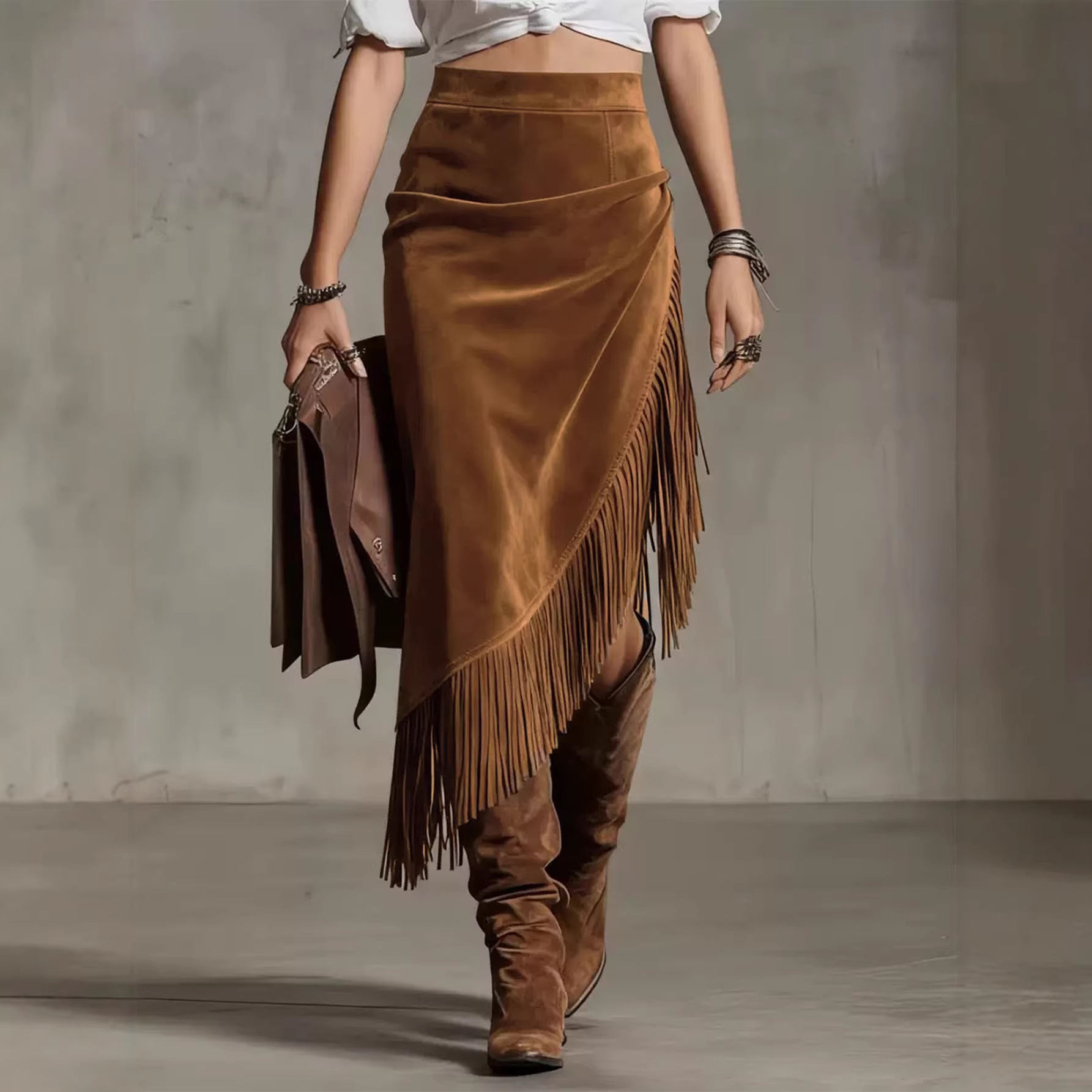 2026 Amazon European and American Cross-Border European Size Retro Western Style Irregular Design Suede Skirt Solid Color Skirt
