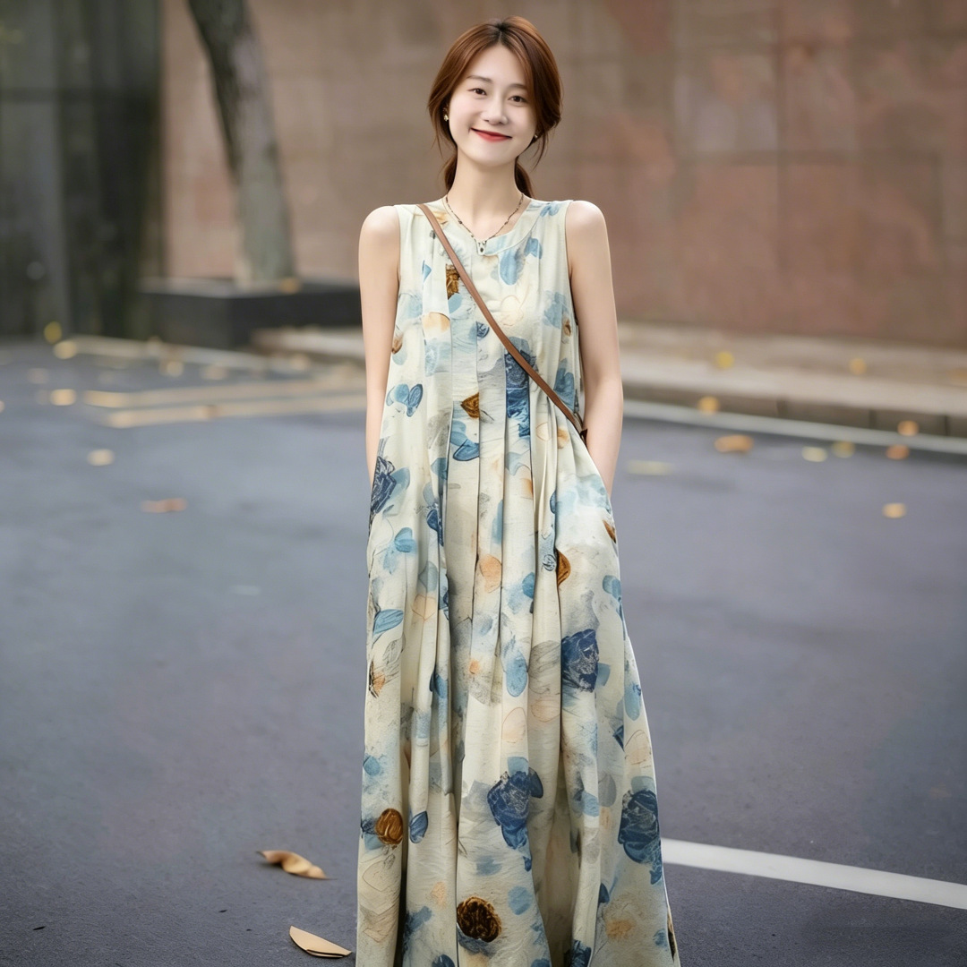 Dopamine Holiday Style Floral Spaghetti Strap Dress for Women, Mid-Length, 2026 Summer New French Loose Holiday Style Dress