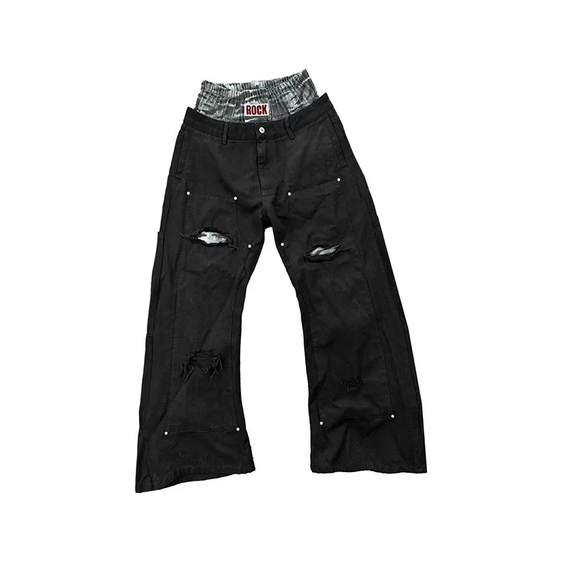 DETW 25AW * ROCK Tiger Pattern Splicing Double Waist Knife Cutting Shape Wrinkle Rivet High Grade Bending Knife Jeans