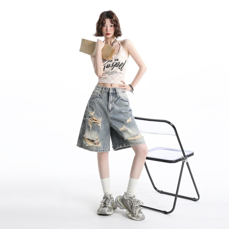American Retro Distressed Denim Shorts, New High Street Style, Frayed Five-Point Wide-Leg Pants, Light Blue, Other Cotton Washed