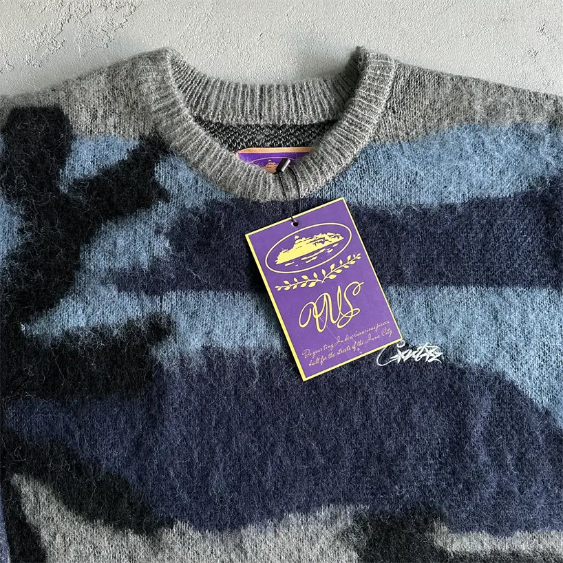 Corteiz Mohair Camo Knitted Jumper Sweater Devil Island Seahorse Knitting Embroider Camouflage