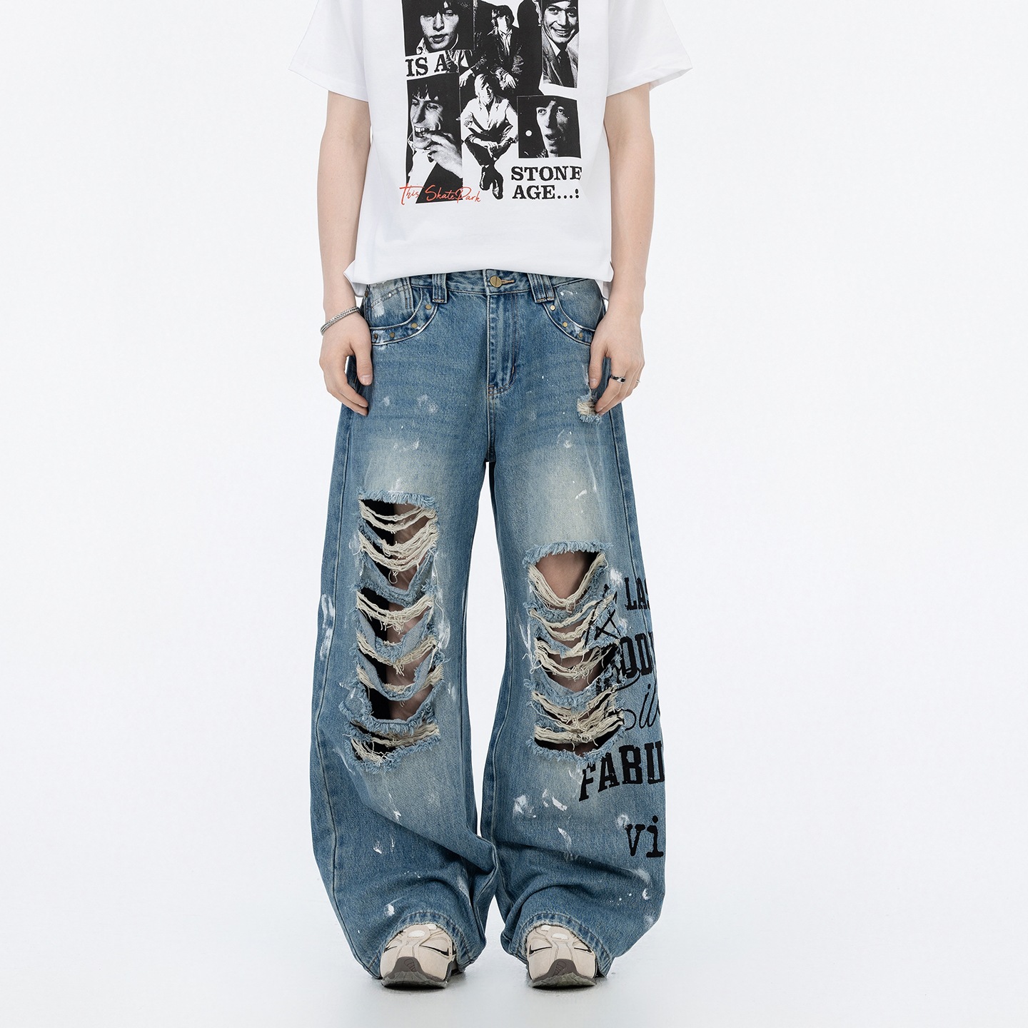 American-Style Trendy Brand Ripped and Ink-Splattered Loose Wide-Leg Jeans for Men