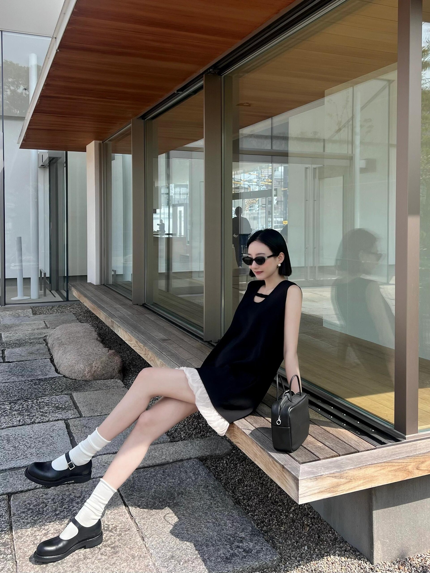 [Clearout No Returns or Exchanges] Hepburn Little Black Dress U-Shaped Collar Soft Gauze Patchwork Hem A-Line Skirt Miu Dress