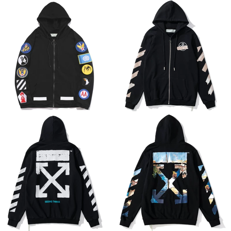 Trendy Brand Offwhite Tape Badge Graffiti Oil Painting Cardigan Unisex Loose Couple Outfit Ow Zipper Sweatshirt Jacket QC 写真 TAOBAO Qualit.ly