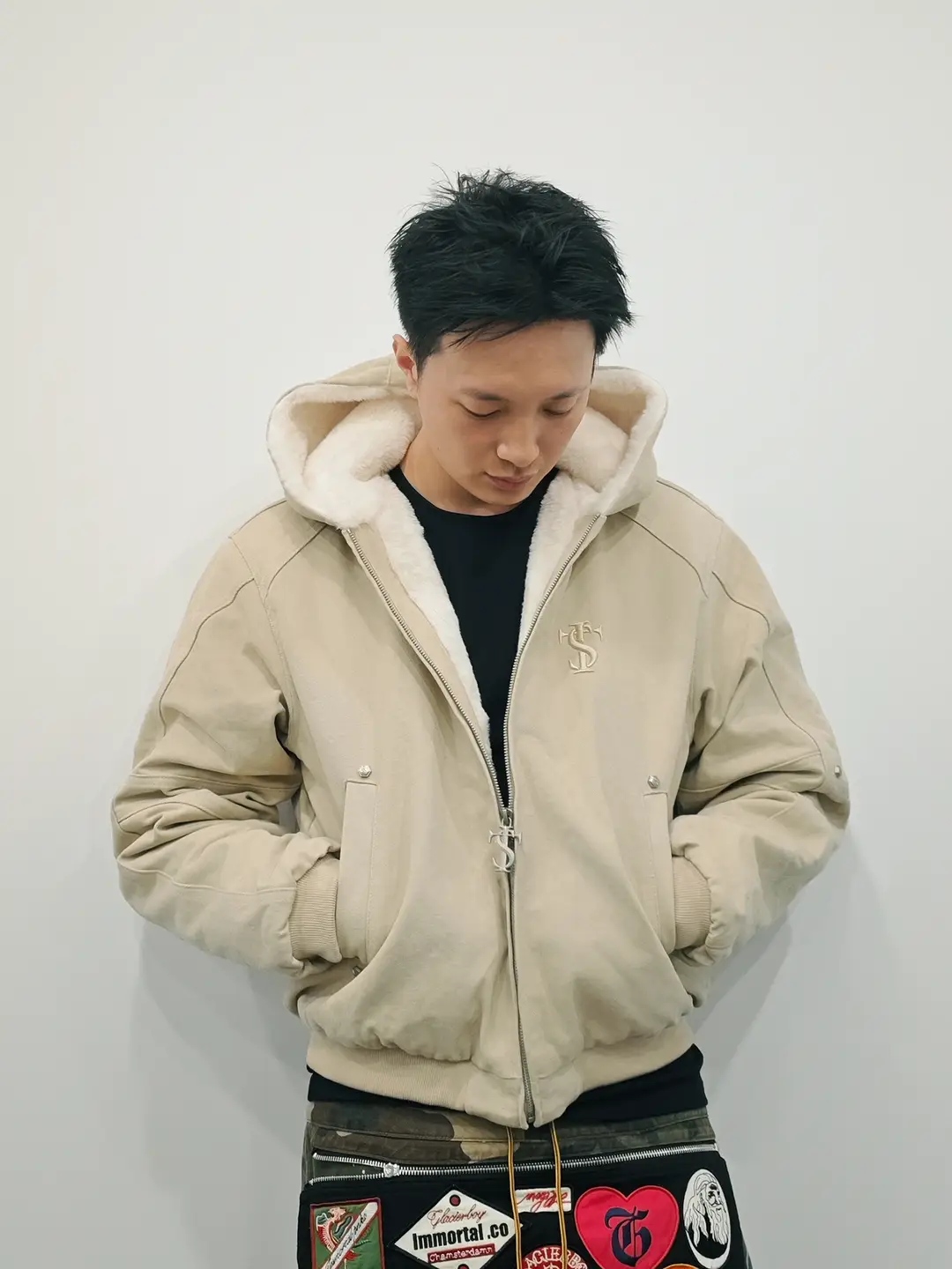 Asen Same Style Stk Smalltownkid Rivet Cross Mountaintop Fleece-lined jacket American retro