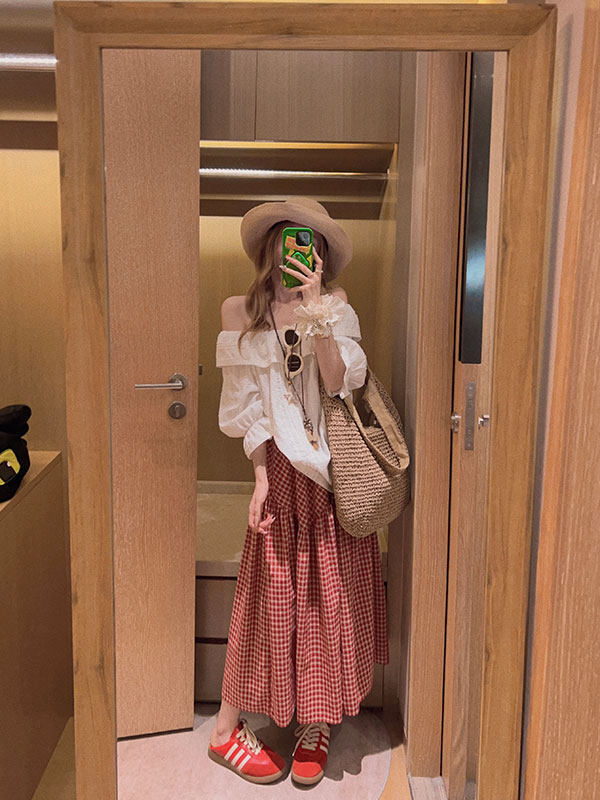 Cotton Plaid Skirt for Women, Summer 2026 New Style, Retro Patchwork, High-Waisted, Slimming, Mid-Length, Flared A-Line Skirt