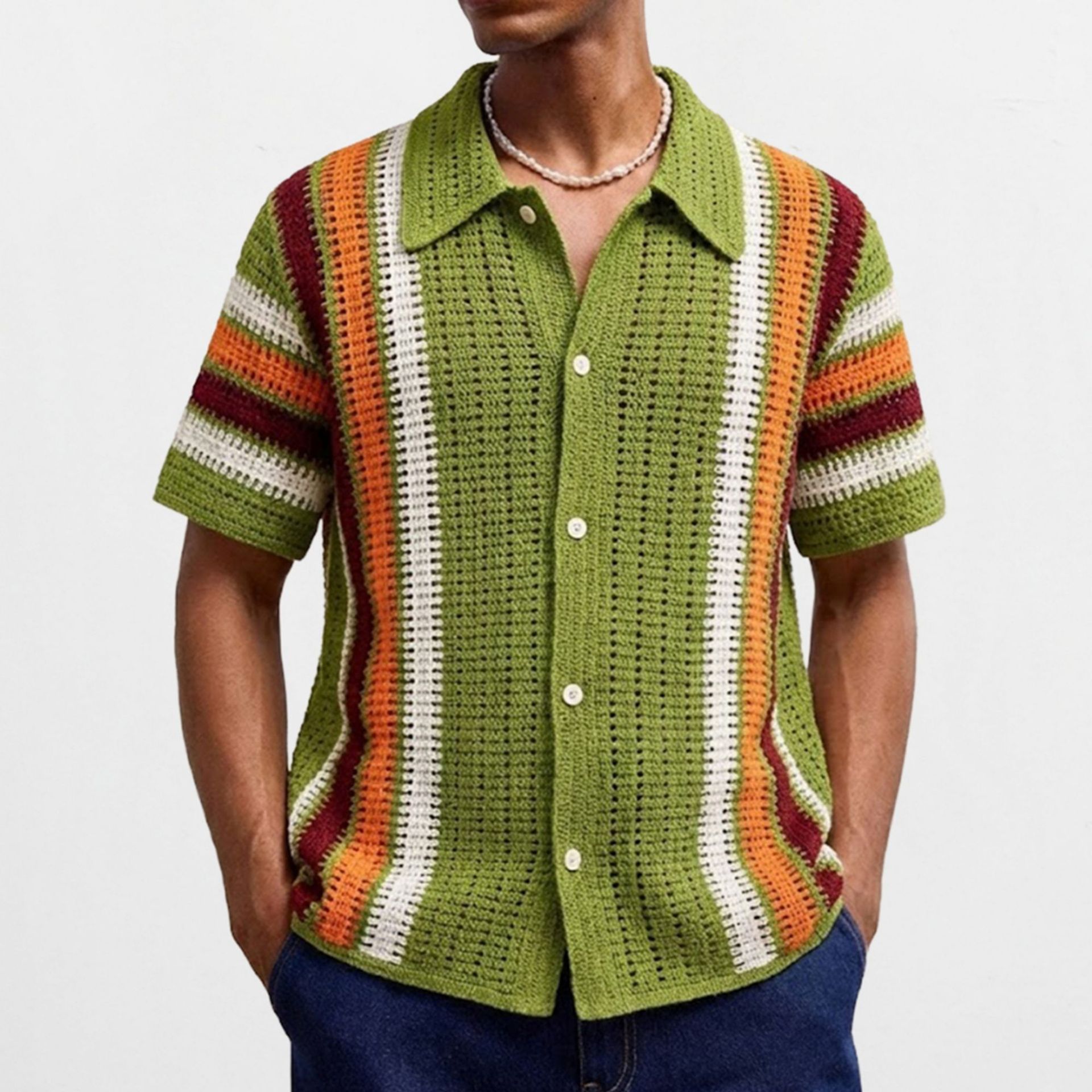 Cross-Border New Style Men's European and American Casual Striped Short-Sleeve Knit Shirt Summer Hollow-Out Crochet Water-Soluble Polo Shirt Sy0085
