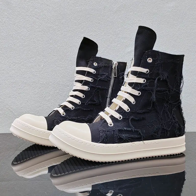 RO new high top shoes for men, height increasing thick sole, damaged fabric strips, spliced canvas board shoes, women's four season casual short boots, trendy