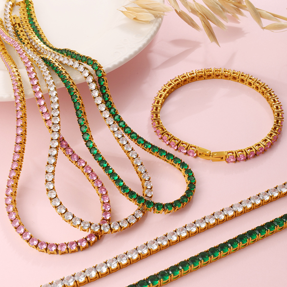 European and American Niche Colorful Round Zircon Tennis Chain Bracelet for Women, Non-Fading, Light Luxury, High-End, Exquisite Jewelry Set