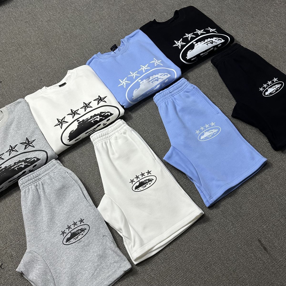 Alcatraz Corteiz American High Street Style Four-Star Printed Round-Neck Fleece Sweatshirt and Shorts Unisex Couple Set Trendy