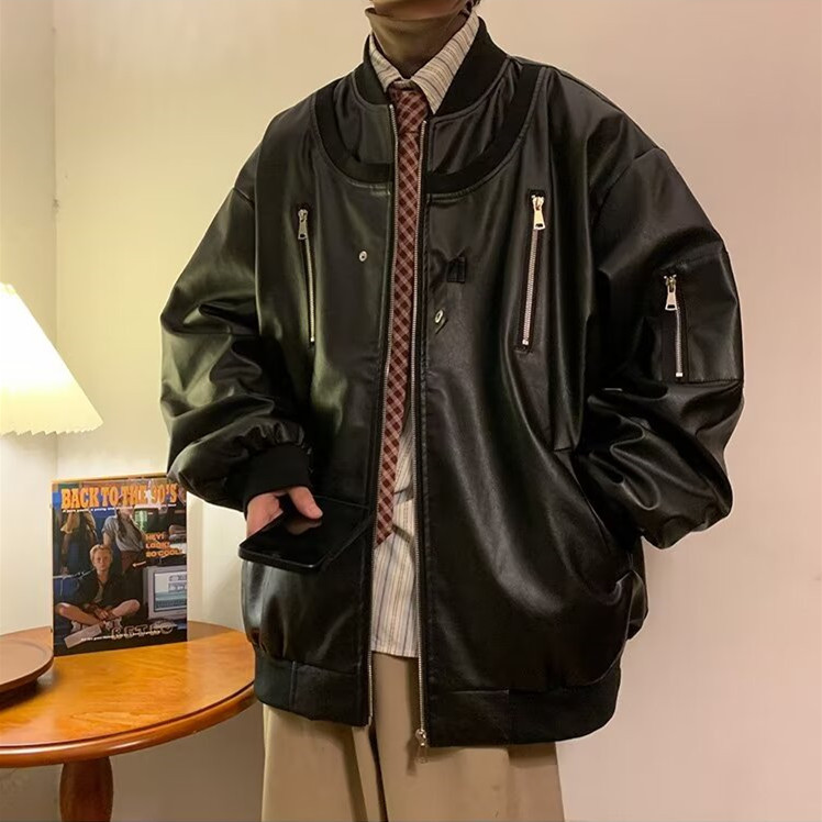 American Style High Street Design Sense Leather Jacket Men's Spring and Autumn Couples Loose Casual All-match Jacket Workwear Baseball Suit