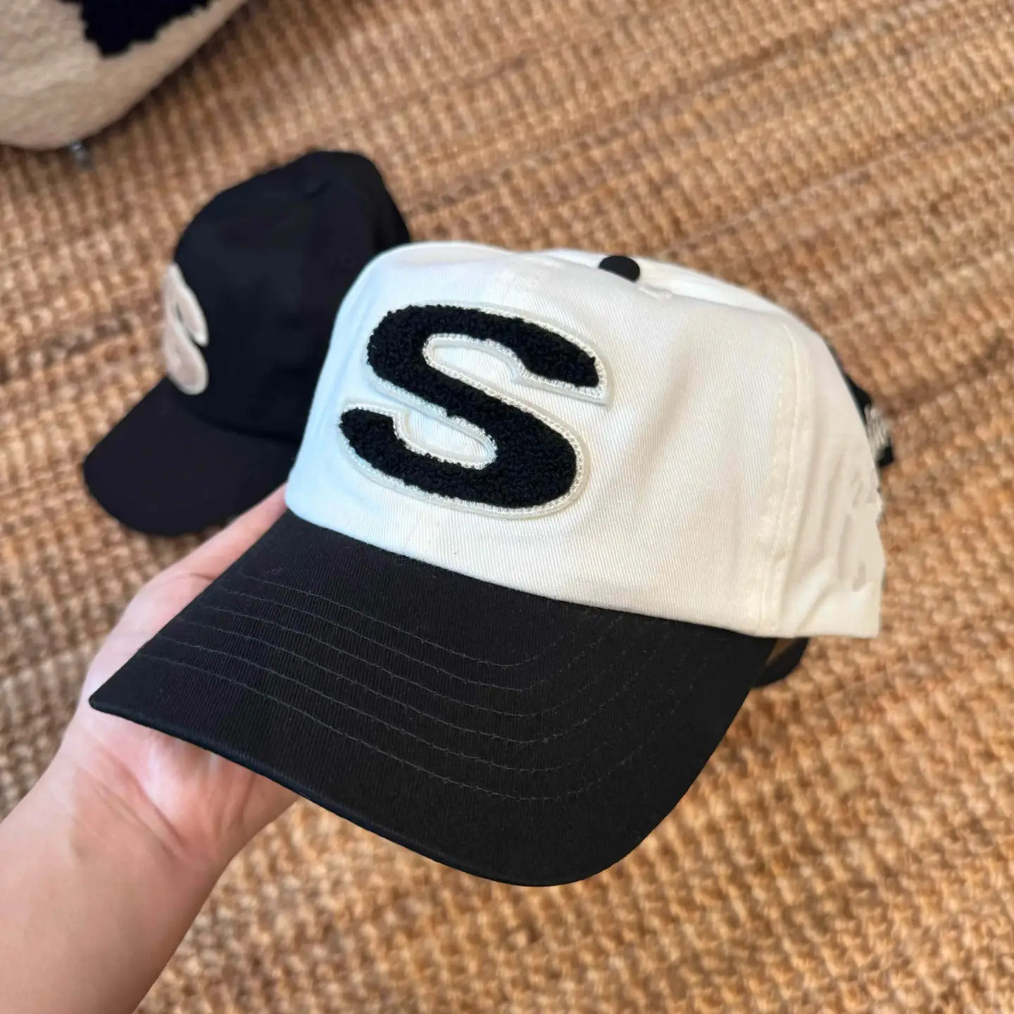 White and Black S Embroidered Baseball Cap