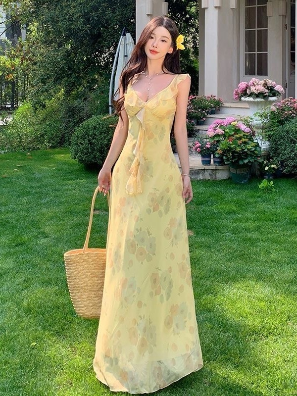 Plus-Size Slightly Chubby 2026 New Cream Yellow French Retro Floral Fairy Dress Long Dress with a Sense of Design