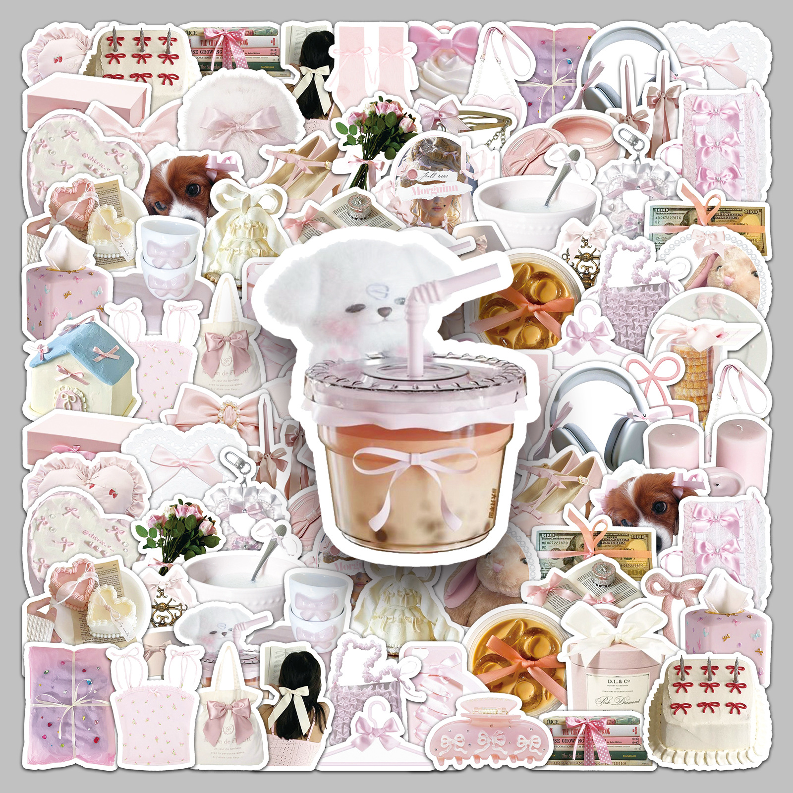 50 bowknot ins stickers pink white girl heart small fresh cute DIY decorative hand book waterproof stickers