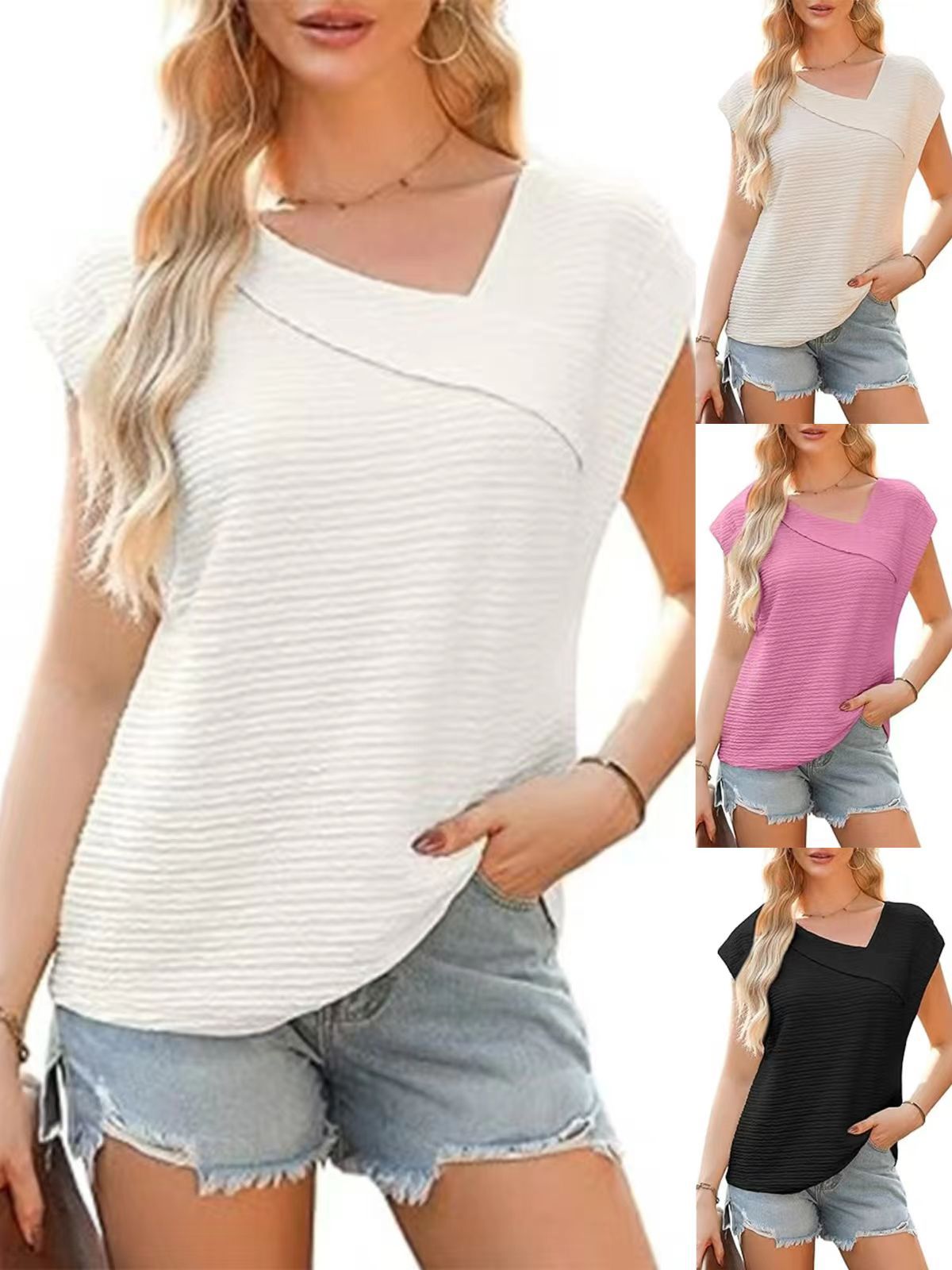 Amazon 2026 European and American Foreign Trade Cross-Border Women's Clothing Summer Diagonal Collar Fashion Casual Short-Sleeved Fashion T-Shirt for Women