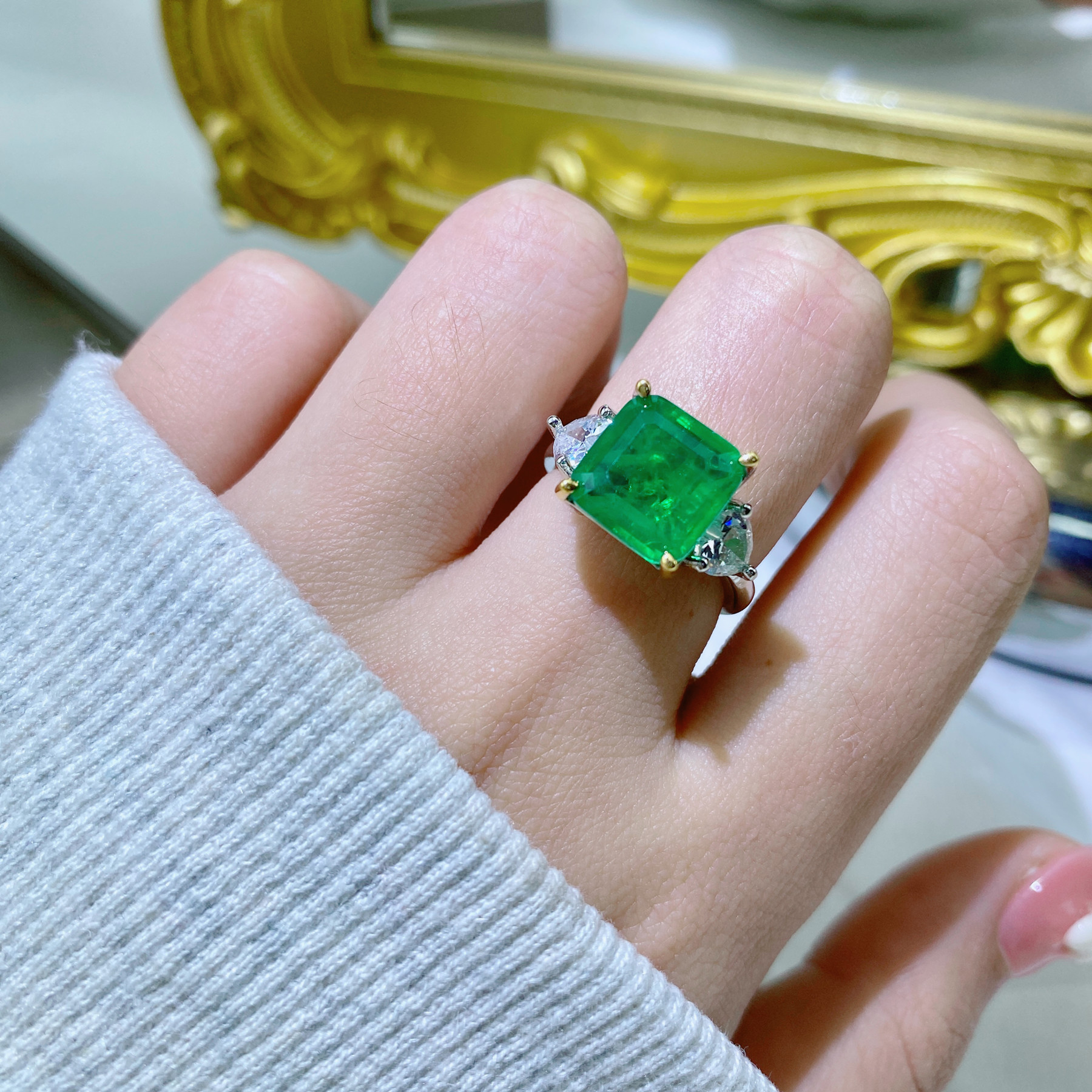 High-set jewelry imitation Colombian with cotton emerald ring simple Princess green diamond double color plating ring
