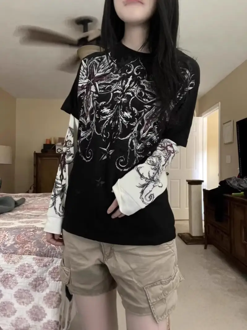 New European and American street fashion brand fake two-piece T-shirt top with printed casual long sleeved T-shirt, versatile for spring and summer, fashionable and breathable