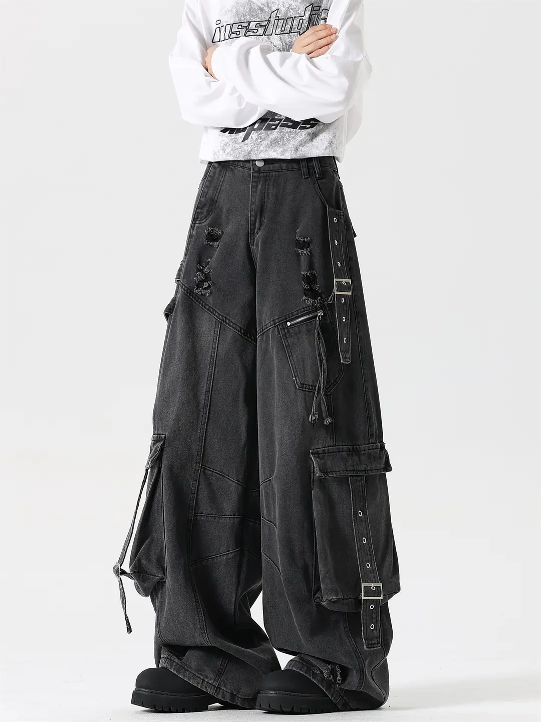 American-Style Heavy-Duty Multi-Pocket Black Workwear Jeans for Men and Women, Deconstructed Ripped Washed Slimming Wide-Leg Floor-Length Pants