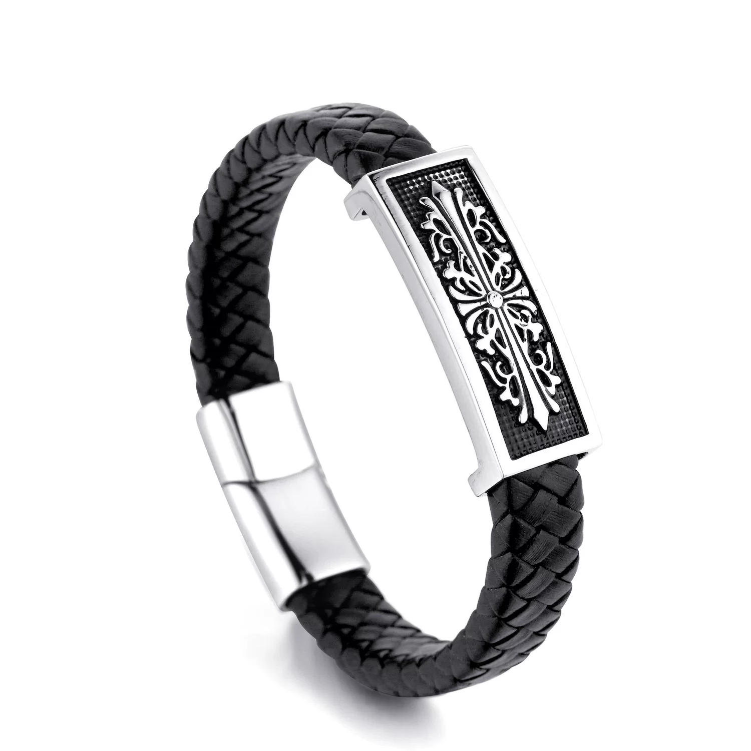 Trendy cross hand brand, cowhide rope woven bracelet accessories, couple's hands, vintage personality for men and women