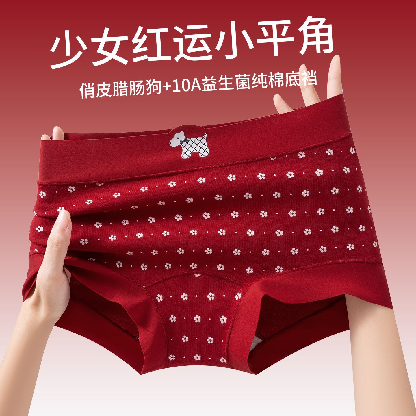 10A Antibacterial Pure Cotton Extended-Crotch Women's Panties, Red Cute Pure Cotton Hip-Hugging Skin-Friendly Mid-Waist Briefs