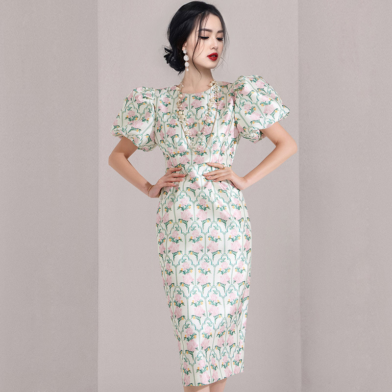 2024 Summer New Style Celebrity Elegant Satin Slim-Fit Lantern Sleeve Printed Tight Waist Hip Dress dress Women