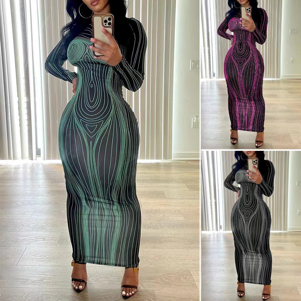 European and American Style 2026 Autumn New Cross-Border Women's Long-Sleeve Round-Neck Fashion Printed Slim-Fit Bodycon Dress