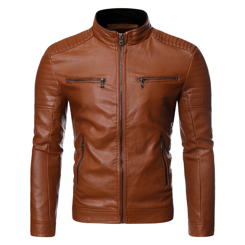 AliExpress Amazon Spring and Autumn Thin Men's Standing Collar Striped Double Zipper Leather Jacket Large Size Motorcycle Leather Jacket
