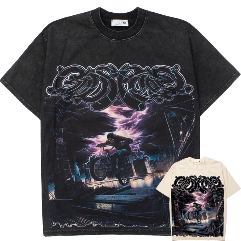 25 Cross-Border European and American High Street Fashion Rock Hip-Hop Street Retro Leap Lightning Skull Print Short-Sleeved T-Shirt Half-Sleeved