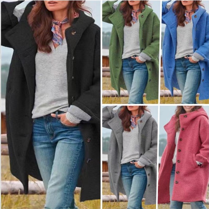 Amazon Aliexpress 2026 Cross-Border European and American Fashion Women's Woolen Coat Solid Color Hooded Elegant Long Coat