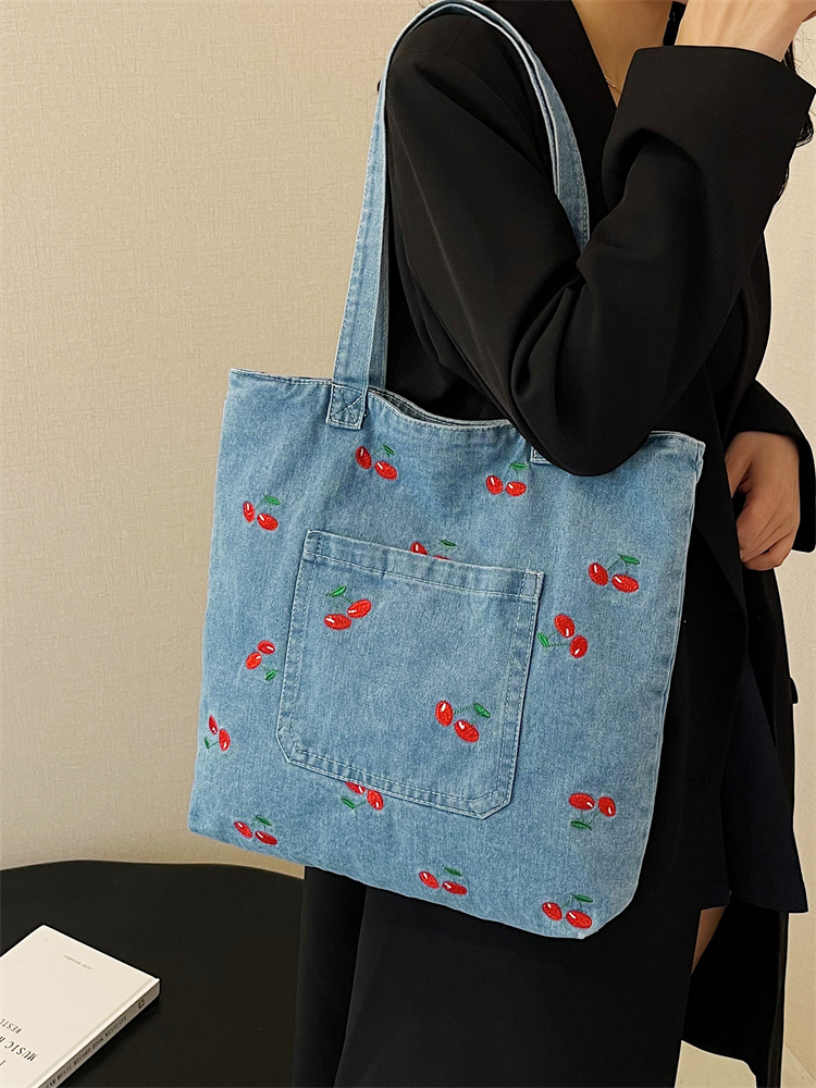 Original Denim Underarm Large Women's 2024 New Fashion Cherry Embroidered Tote Bag All-match Commuter Shoulder Bag