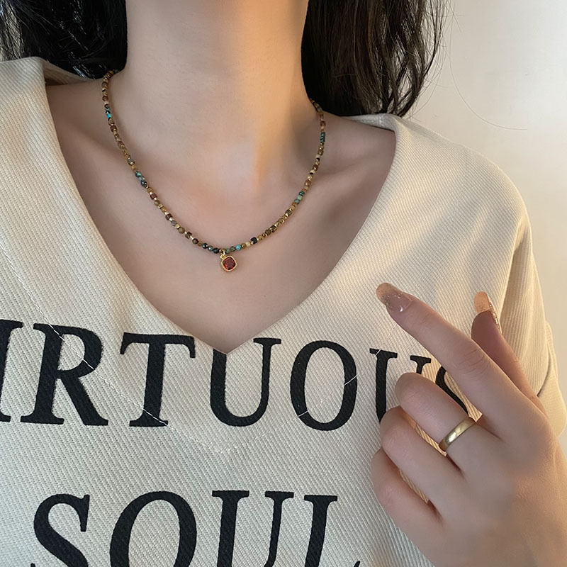 Natural Stone Handmade Beaded Necklace Pearl European and American Style Light Luxury Niche Red Zircon Pendant Titanium Steel Gold Plated