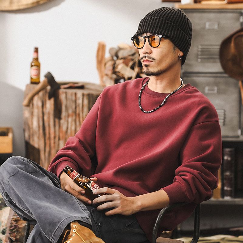 American Retro 360g Heavyweight Fleece Sweatshirt for Men, Autumn 2025 New Trendy Brand Loose Fit Men's Maroon Top