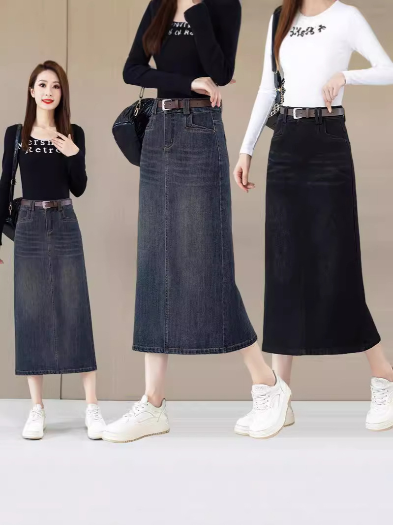 Cement gray Denim skirt women's 2024 autumn new high waist retro mid-length rear split hip A skirt