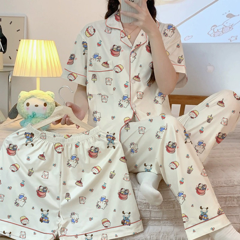 Spring and Summer New Hello Kitty Cardigan Lapel Pajamas Women's Short-Sleeved Home Wear Three-Piece Set Real Photos Wholesale