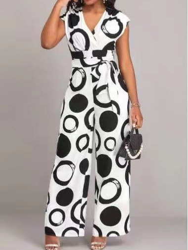 2024 Cross-border European and American New Amazon Fashion Elegant Casual V-neck High Waist Printed Wide Leg Belt Pants