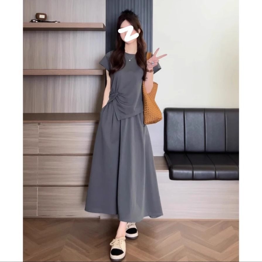 Summer Plus-Size Women's Fashionable and Youthful Outfit Set, Slimming and Stylish Casual Two-Piece Skirt Set for Plus-Size Women, Cross-Border